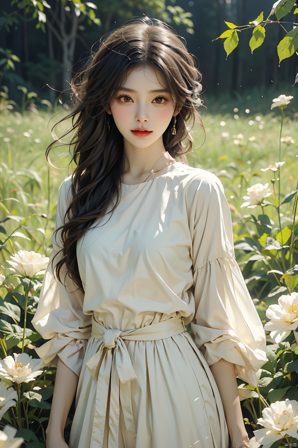  ,Masterpiece, Best quality,8K,超高分辨率,Reallightandshadow,Cinema lenses,(beautidful eyes:1.1),((中景the scene is,The upper part of the body)),dynamicposes,On a green meadow,The gentle goddess came with gentle steps。He wore a dress,A gentle breeze blows,The skirt dances lightly。The sun shone through the leaves in her hair,Reflecting her clear eyes and gentle smile。Colorful butterflies flutter around her,Flowers bloomed at her feet,It was as if nature was cheering for her。, (/qingning/), mtianmei, babata