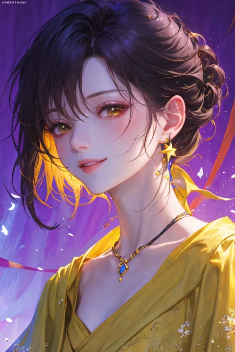 a woman in a yellow dress, off-shoulder dress, short black hair, hair shawl, earring, fluffy hair, star photo, brilliant smile, lips slightly open, beautiful anime portrait, fashion stage, digital anime illustration, beautiful anime style, a beautiful fantasy star, anime illustration, anime fantasy illustration, beautiful character painting, trending on artstration,（\personality\）