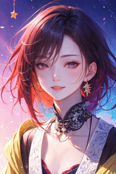 a woman in a yellow dress, off-shoulder dress, short black hair, hair shawl, earring, fluffy hair, star photo, brilliant smile, lips slightly open, beautiful anime portrait, fashion stage, digital anime illustration, beautiful anime style, a beautiful fantasy star, anime illustration, anime fantasy illustration, beautiful character painting, trending on artstration,（\personality\）, jiqing, (\yan yu\)