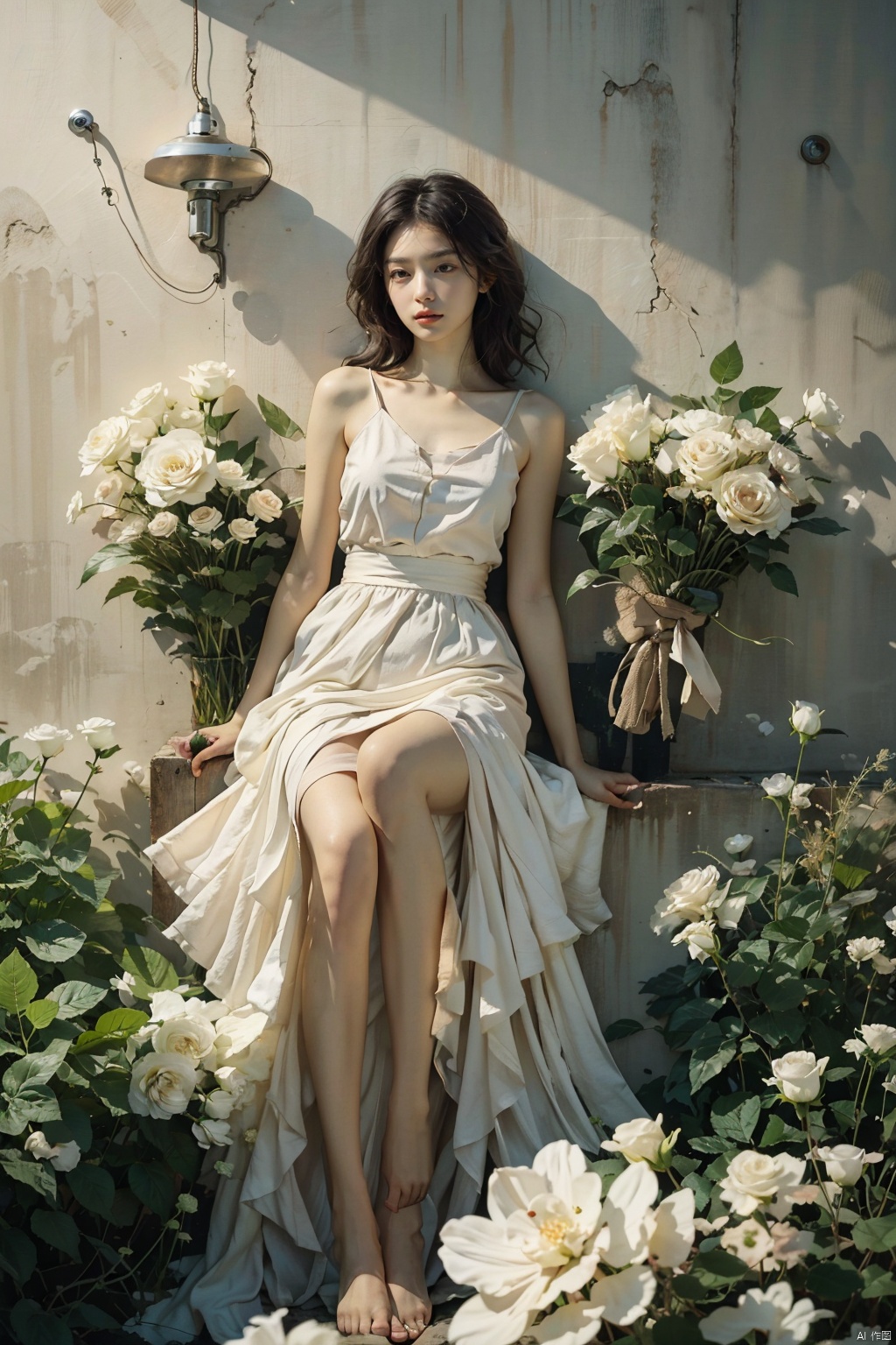  4girls,barefoot,black_hair,bouquet,brown_hair,huge_breasts,dress,flower,grass,leaf,long_hair,lying,multiple_girls,on_back,outdoors,petals,plant,potted_plant,rose,short_hair,white_dress,white_flower,white_rose, (/qingning/), jiqing, mtianmei