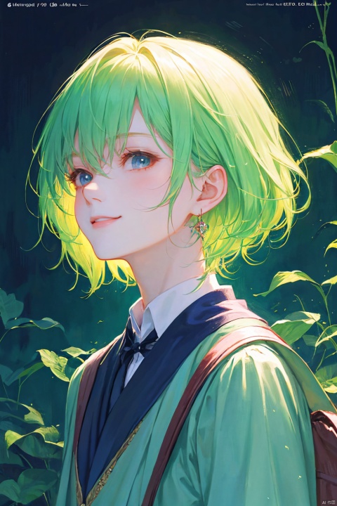 a girl in a green skirt, short hair, light green hair, earring, fluffy hair, black tie, smile, lovely fave, beautiful anime portrait, palace, carrying a schoolbag, digital anime illustration, beautiful anime style, a beautiful fantasy young girl, anime illustration, anime fantasy illustration, beautiful character painting, trending on artstration,（\personality\）, ((poakl))