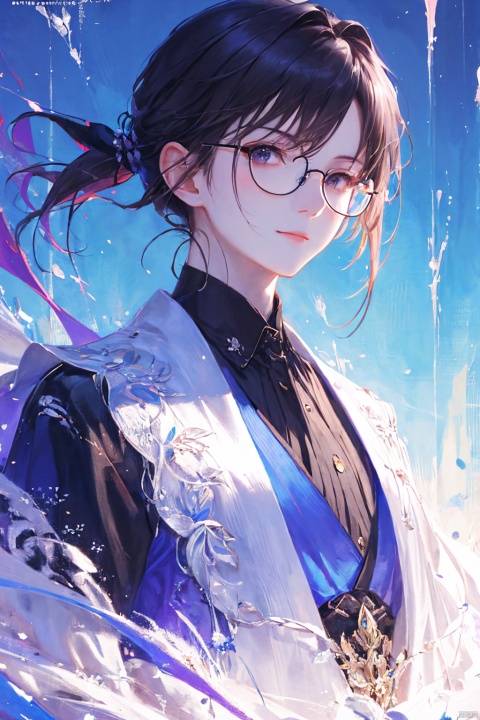 solo, a woman in business attire, career women, business wear, black tie, black blue suit, with neat hair, short black hair, with hair tied, square glasses, blue rimmed glasses, a confident smile, serious expression, mature face, women who are elegant and a little bit indifferent, successful person, anime portrait, palace, digital anime illustration, beautiful anime style, fantasy female chairman, anime illustration, anime fantasy illustration, character painting, trending on artstration,（\personality\）, (\yan yu\)