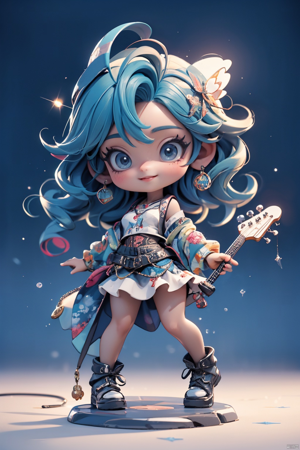  Masterpiece, highest quality, realistic, with extremely fine details and high resolution, 8K,
Hubg Haixiaoqiong, a girl with a smile, blue hair, hair accessories, rock music, guitar, (\MBTI\), mpaidui, maolilan, (\lang lang\)