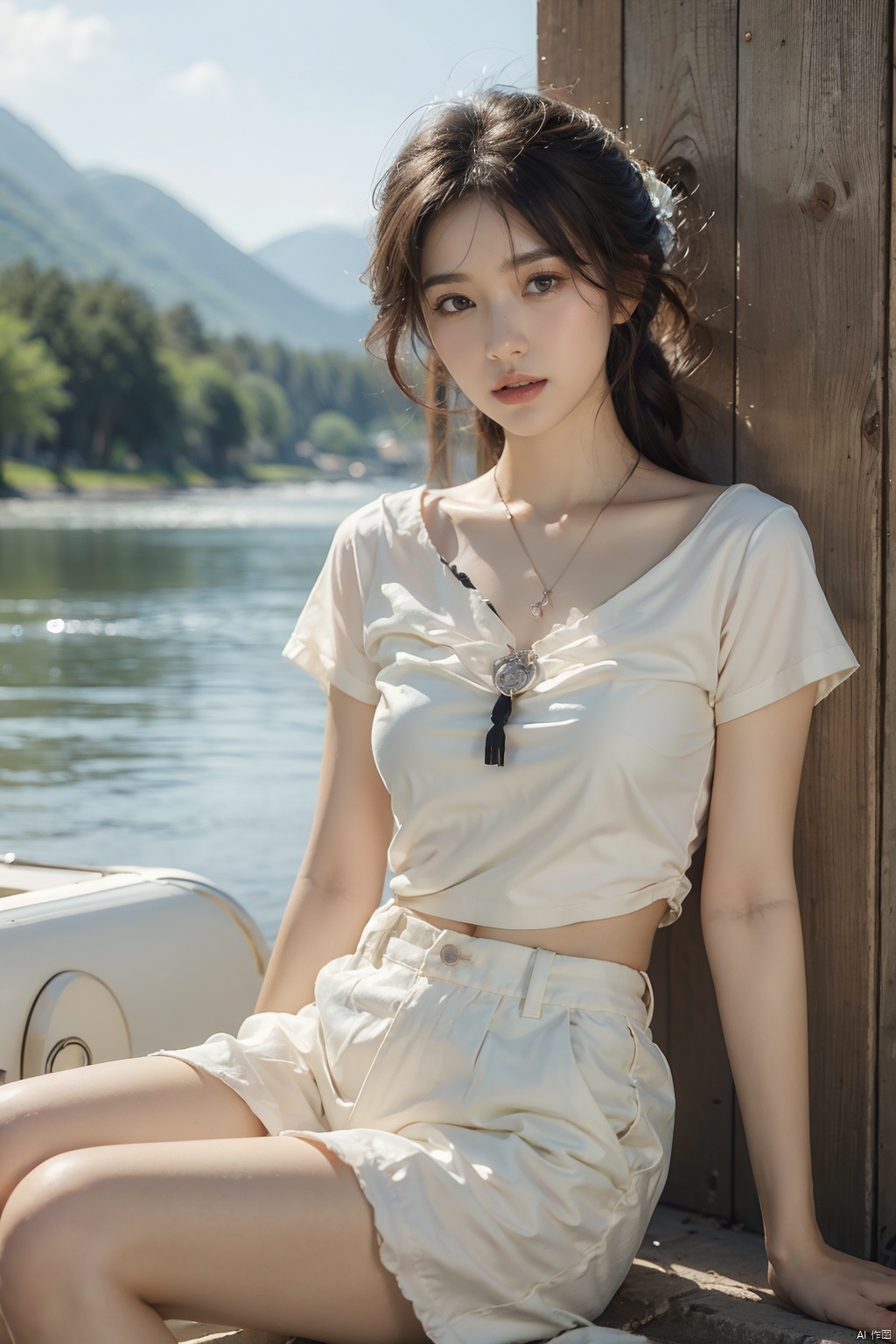  (Best quality, High resolution, Masterpiece :1.3), A pretty woman with slim figure, Breasts, (Dark brown layered haircut), Wearing pendant, T-shirt, White shorts, Outdoor, Great view, Lake and mountains in distant background, Details exquisitely rendered in the face and skin texture, Detailed eyes, Double eyelid, (/qingning/), jiqing, babata, mtianmei, (\MBTI\)