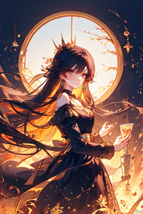  1girl, art_nouveau, bare_shoulders, black_dress, crown, dress, earrings, flower, framed, jewelry, long_hair, long_sleeves, looking_at_viewer, own_hands_clasped, own_hands_together, solo, (\shen ming shao nv\), (\MBTI\), maolilan, (\po lang\)