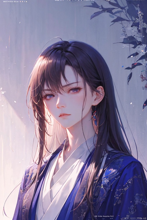 a woman in business attire, career women, business wear, purple suit, with neat hair, very long black hair, fluffy hair, serious expression, mature face, women who are elegant and a little bit indifferent, successful person, anime portrait, office, digital anime illustration, beautiful anime style, a beautiful fantasy female chairman, anime illustration, anime fantasy illustration, character painting, trending on artstration,（\personality\）, (/qingning/), (\MBTI\), (\yan yu\), jiqing