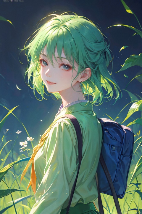 a woman in a green skirt, short hair, light green hair, earring, fluffy hair, black tie, smile, lovely fave, beautiful anime portrait, palace, carrying a schoolbag, digital anime illustration, beautiful anime style, a beautiful fantasy young girl, anime illustration, anime fantasy illustration, beautiful character painting, trending on artstration,（\personality\）, (/qingning/), babata