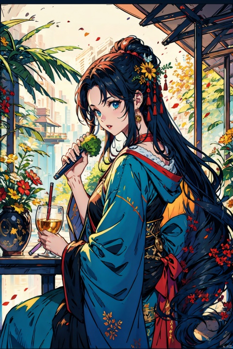 an woman drinking water from a green coconut with a straw is in the foreground. The surrounding decor contains green plants, a triforce symbol, Harry Potter references and circus flags, detailed matte painting, deep colors, fantastic and intricate details, splash screen, complementary colors, fantasy concept art, 8k resolution trending on Artstation Unreal Engine, (/qingning/), myinv, babata, (\MBTI\), rosmontis, maolilan