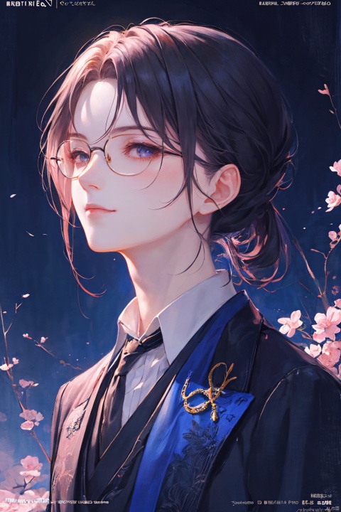 solo, a woman in business attire, career women, business wear, black tie, black blue suit, with neat hair, short black hair, with hair tied, square glasses, blue rimmed glasses, a confident smile, serious expression, mature face, women who are elegant and a little bit indifferent, successful person, anime portrait, palace, digital anime illustration, beautiful anime style, fantasy female chairman, anime illustration, anime fantasy illustration, character painting, trending on artstration,（\personality\）, (\yan yu\)
