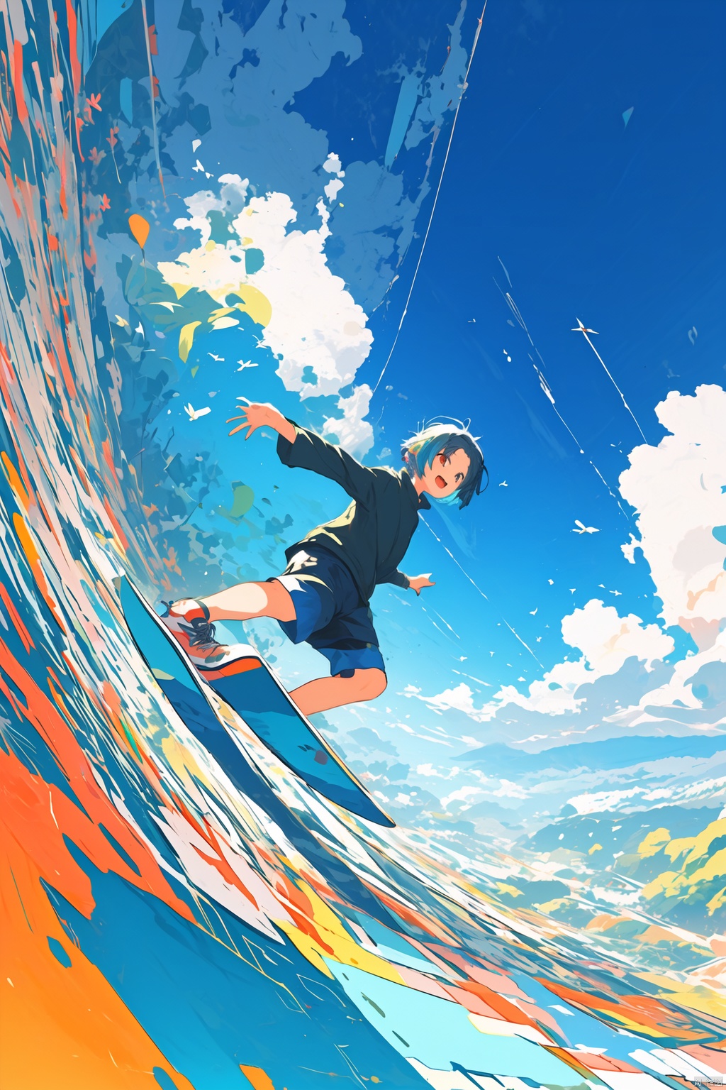  (\po lang\), solo, sky, cloud, blue sky, 1girl, day, short hair, outdoors, shoes, shorts, colorful, wide shot, scenery, long sleeves, outstretched arms, open mouth, arm up, (\MBTI\)