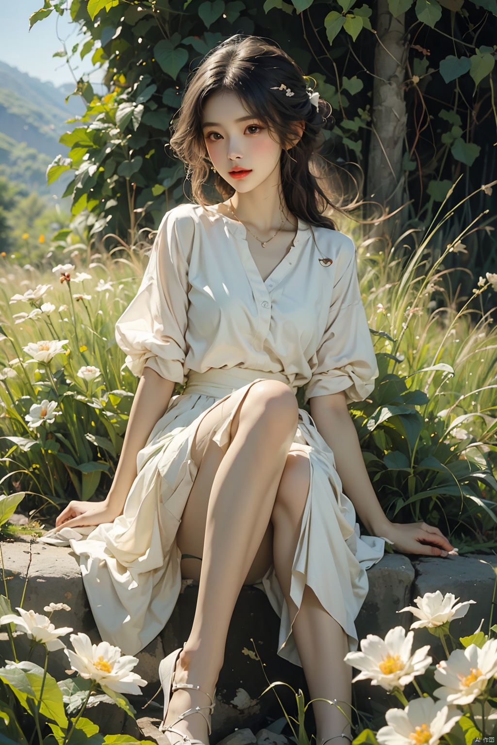  ,Masterpiece, Best quality,8K,超高分辨率,Reallightandshadow,Cinema lenses,(beautidful eyes:1.1),((中景the scene is,The upper part of the body)),dynamicposes,On a green meadow,The gentle goddess came with gentle steps。He wore a dress,A gentle breeze blows,The skirt dances lightly。The sun shone through the leaves in her hair,Reflecting her clear eyes and gentle smile。Colorful butterflies flutter around her,Flowers bloomed at her feet,It was as if nature was cheering for her。, (/qingning/), mtianmei, babata