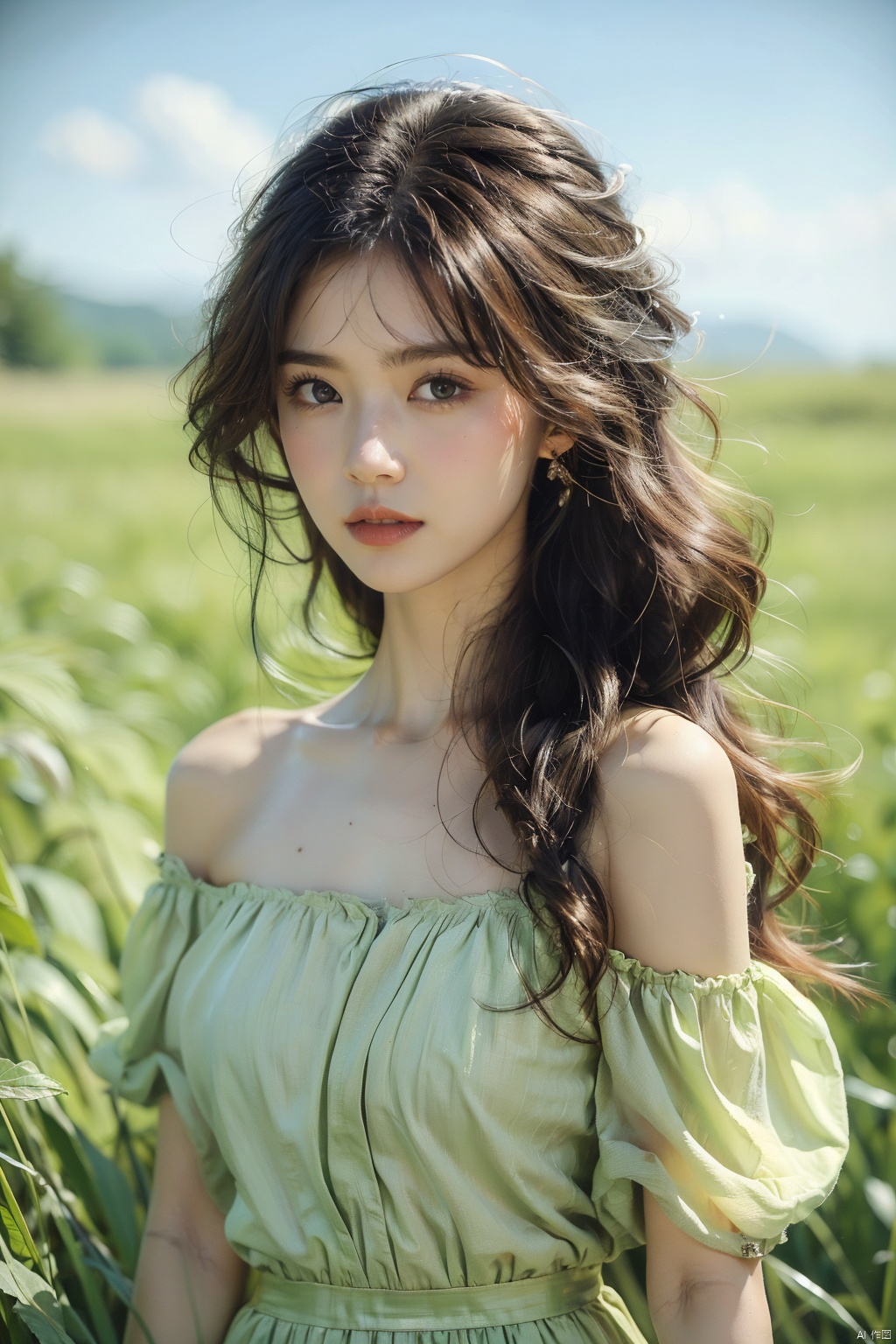  1girl, solo, dress, looking at viewer, long hair, blurry, brown hair, outdoors, blurry background, bare shoulders, upper body, realistic, grass, green dress, parted lips, day, lips, black hair, brown eyes, off shoulder, (/qingning/), mtianmei, babata, (\MBTI\)