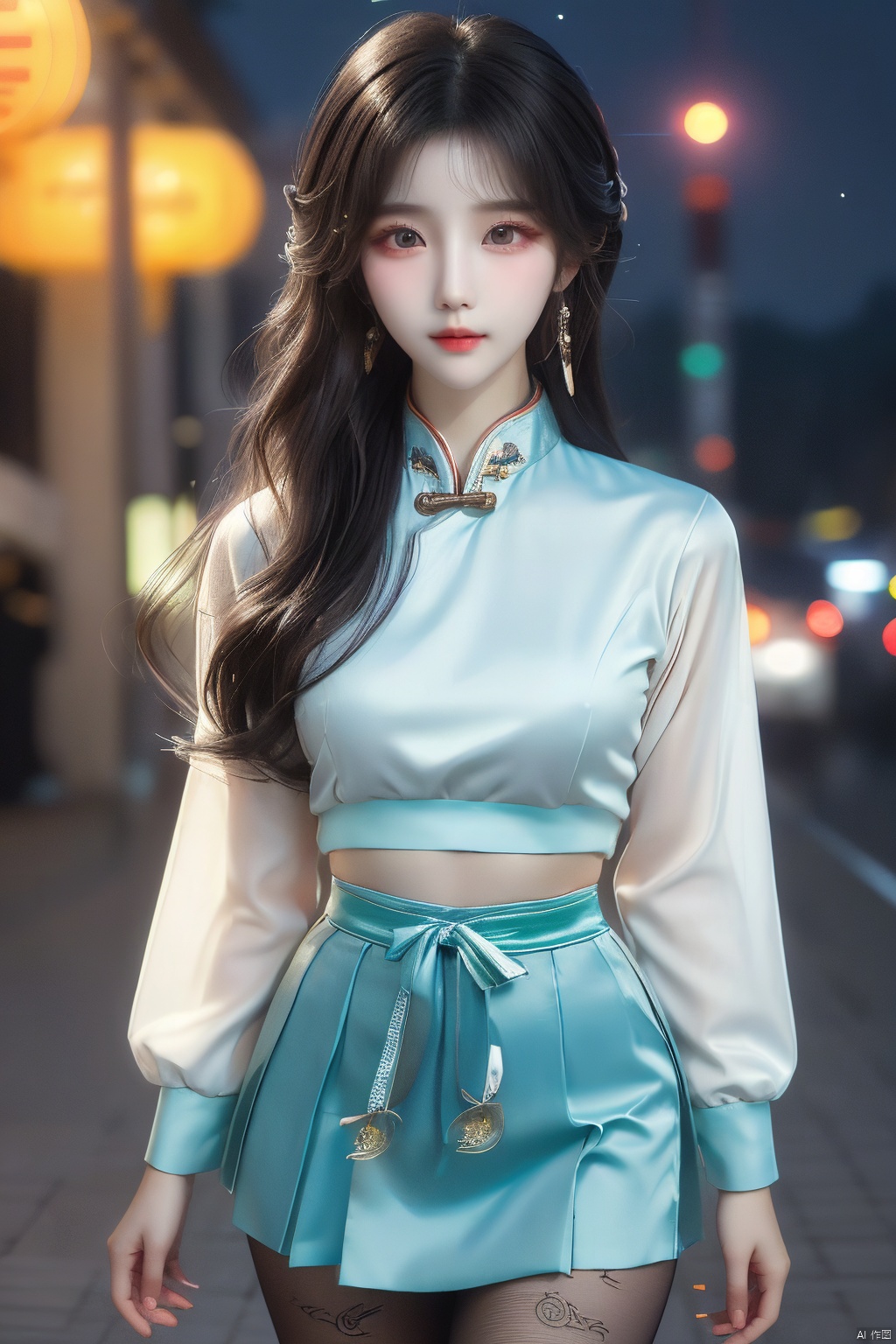 ((best quality, 8k, masterpiece: 1.3)), focus: 1.2, Wearing a emerald red cheongsam,8k ultra highdefinition,masterpiece级别的作品,RAW format photos,best picture quality,extreme details（1.2）：Realistic reproduction,8K resolution unifies extremely detailed CG,8K diamond level exquisiteness,Wallpaper-like visual impact,Has deep depth of field、Layered light and shadow effects、Lens flash、Ray tracing technology（Amazingly beautiful face、beautiful lips、beautiful eyes）,The facial details are extremely delicate（Skin texture is extremely delicate）——Depicting Korean female models,in the dark night,in deep shadow,Charming Korean girl,Just like a K-pop idol（Extremely slim and tight figure：1.3）,Shown from the audience’s perspective,Exquisite waistline,navel-baring outfit,（cropped waist T-shirt:1.5）,（low rise denim mini skirt:1.5）,Short clothing tailoring design,city night view,neon lights,Beautiful Korean girl in dark night atmosphere,Wear pearl stud earrings、lace pantyhose,eyes clear and bright,Walking posture,Has fair skin,Look directly at the front of the camera,Big eyes full of charm（Upper body close-up）,A while,Back close-up,The overall image is extremely slim、Slim and elegant,Exquisite facial features,She looks a lot like actor Kim Hee Sun, (/qingning/), jiqing, mtianmei