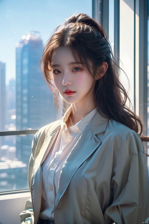  1girl,office,orehead mark,mole,(European model: 1.3),31 years old, exquisite, business women's clothing, (jacket: 1.1),High collar,(shirt: 1.1), filigreth, quality, skyscraper boss's office, windows that can see the cityscape, film grain, depth of field , （\personality\）, babata