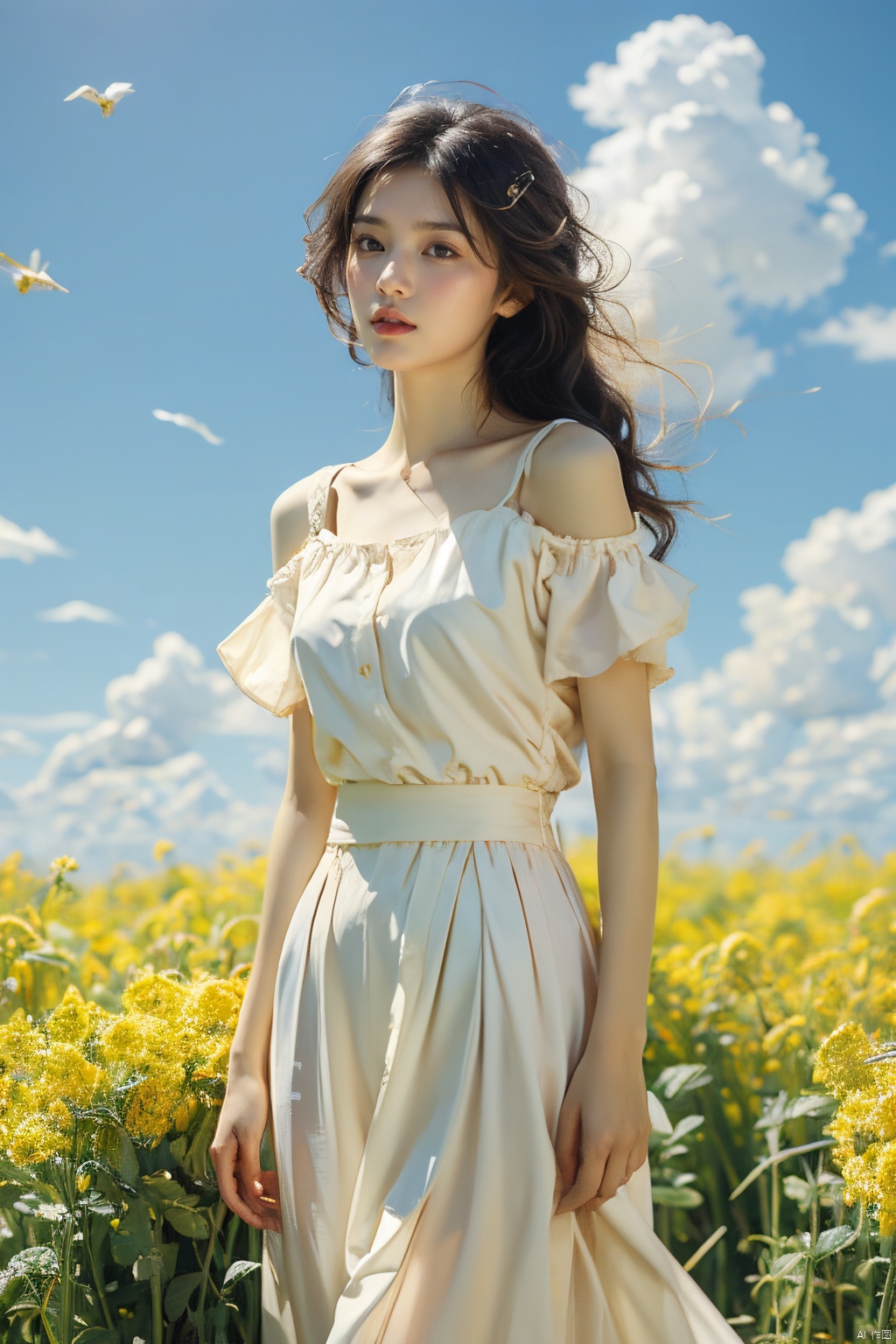  A elegant woman in a white suit with black short hair, standing in a field of blooming rapeseed flowers against a backdrop of red sky and white clouds, gentle breeze blowing, causing her clothes corner and hair to flutter slightly, high quality full HD picture, art painting by famous artist., Light master, ((poakl)), (\meng ze\), xiqing, (/qingning/), babata, mtianmei, (\MBTI\)