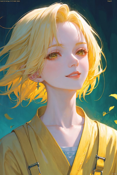 a woman in a yellow overalls, short yellow hair, wearing a hairband, yellow hairband, earring, fluffy hair, smile, lips slightly open, beautiful anime portrait, digital anime illustration, beautiful anime style, a beautiful fantasy painter, anime illustration, anime fantasy illustration, beautiful character painting, trending on artstration,（\personality\）,