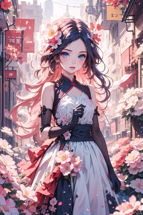  wawaya, 1girl, solo, flower, dress, long hair, elbow gloves, hair ornament, hair flower, petals, gloves, holding, (/qingning/), (\MBTI\), mtianmei