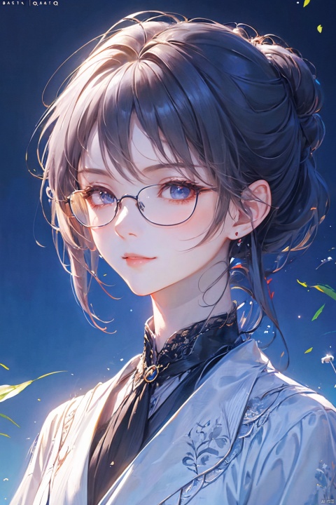 solo, a woman in business attire, career women, business wear, black tie, black blue suit, with neat hair, short black hair, with hair tied, square glasses, blue rimmed glasses, a confident smile, serious expression, mature face, women who are elegant and a little bit indifferent, successful person, anime portrait, palace, digital anime illustration, beautiful anime style, fantasy female chairman, anime illustration, anime fantasy illustration, character painting, trending on artstration,（\personality\）, (/qingning/), (\MBTI\), babata
