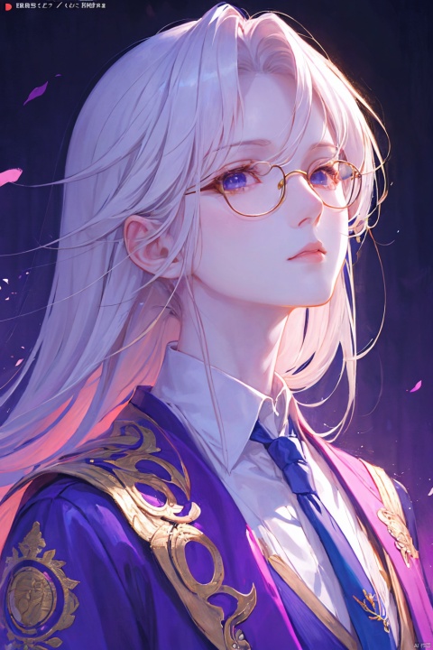 a woman in a purple suit, wear a tie, wearing gold-rimmed glasses, long hair, a thoughtfui expression, beautiful anime portrait, palace , digital anime illustration, beautiful anime style, a beautiful fantasy scientist, anime illustration, anime fantasy illustration, beautiful character painting, trending on artstration,（\personality\）
