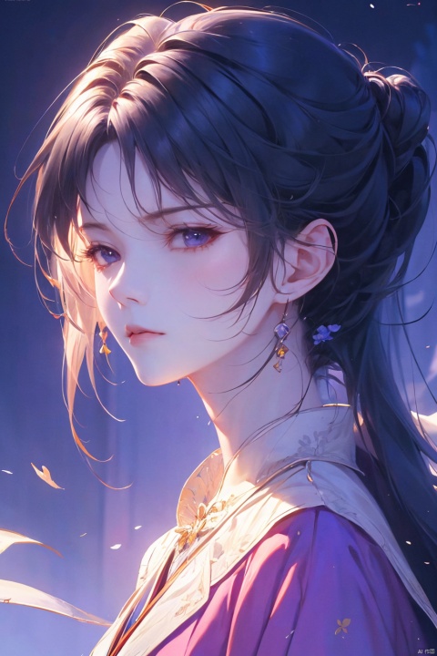 a woman in business attire, career women, business wear, purple suit, with neat hair, very long black hair, fluffy hair, serious expression, mature face, women who are elegant and a little bit indifferent, successful person, anime portrait, office, digital anime illustration, beautiful anime style, a beautiful fantasy female chairman, anime illustration, anime fantasy illustration, character painting, trending on artstration,（\personality\）, (/qingning/), (\MBTI\), babata