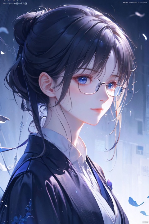 solo, a woman in business attire, career women, business wear, black tie, black blue suit, with neat hair, short black hair, with hair tied, square glasses, blue rimmed glasses, a confident smile, serious expression, mature face, women who are elegant and a little bit indifferent, successful person, anime portrait, palace, digital anime illustration, beautiful anime style, fantasy female chairman, anime illustration, anime fantasy illustration, character painting, trending on artstration,（\personality\）, (\yan yu\),rainning