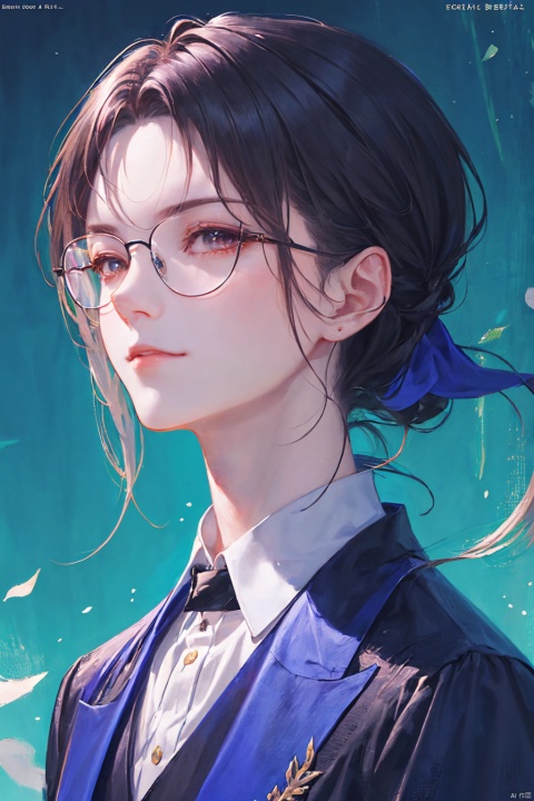 solo, a woman in business attire, career women, business wear, black tie, black blue suit, with neat hair, short black hair, with hair tied, square glasses, blue rimmed glasses, a confident smile, serious expression, mature face, women who are elegant and a little bit indifferent, successful person, anime portrait, palace, digital anime illustration, beautiful anime style, fantasy female chairman, anime illustration, anime fantasy illustration, character painting, trending on artstration,（\personality\）, (/qingning/), (\MBTI\)