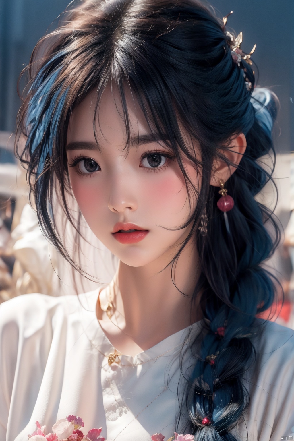  1 girl, slanted bangs, big bangs, thick bangs, bangs covering the eyes, ponytails, thick braids, blue hair, pink hair sports t-shirt, delicate face, clear eyes, blush, freckles,Newspaper background, (/qingning/), babata, mtianmei