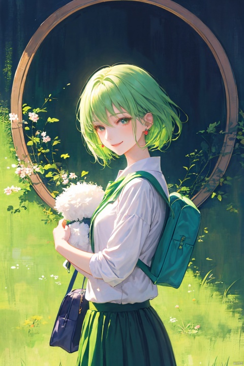 a girl in a green skirt, short hair, light green hair, earring, fluffy hair, black tie, smile, lovely fave, beautiful anime portrait, palace, carrying a schoolbag, digital anime illustration, beautiful anime style, a beautiful fantasy young girl, anime illustration, anime fantasy illustration, beautiful character painting, trending on artstration,（\personality\）