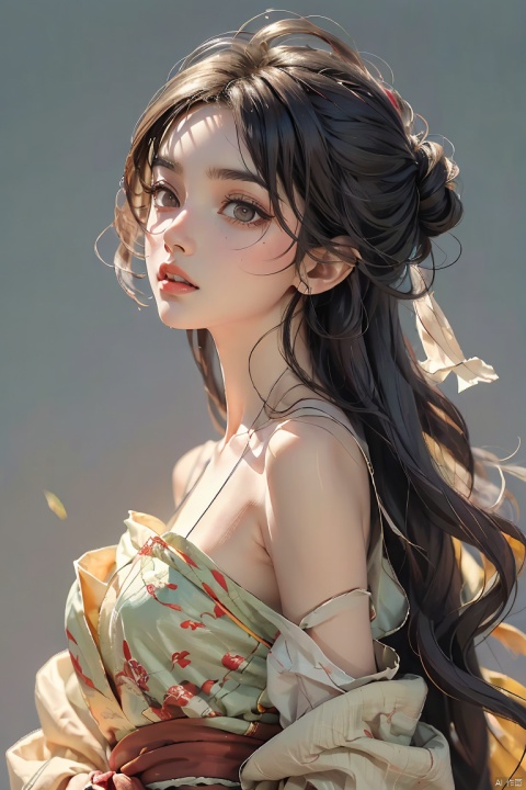  1girl, solo, long hair, looking at viewer, simple background, (black hair:1.2), closed mouth, upper body, artist name, from side, looking to the side, makeup, straight hair, brown background, red lips, (red Hanfu:1.2), (realistic:1.2), red robe, Chinese style, (/qingning/), babata, (\MBTI\)