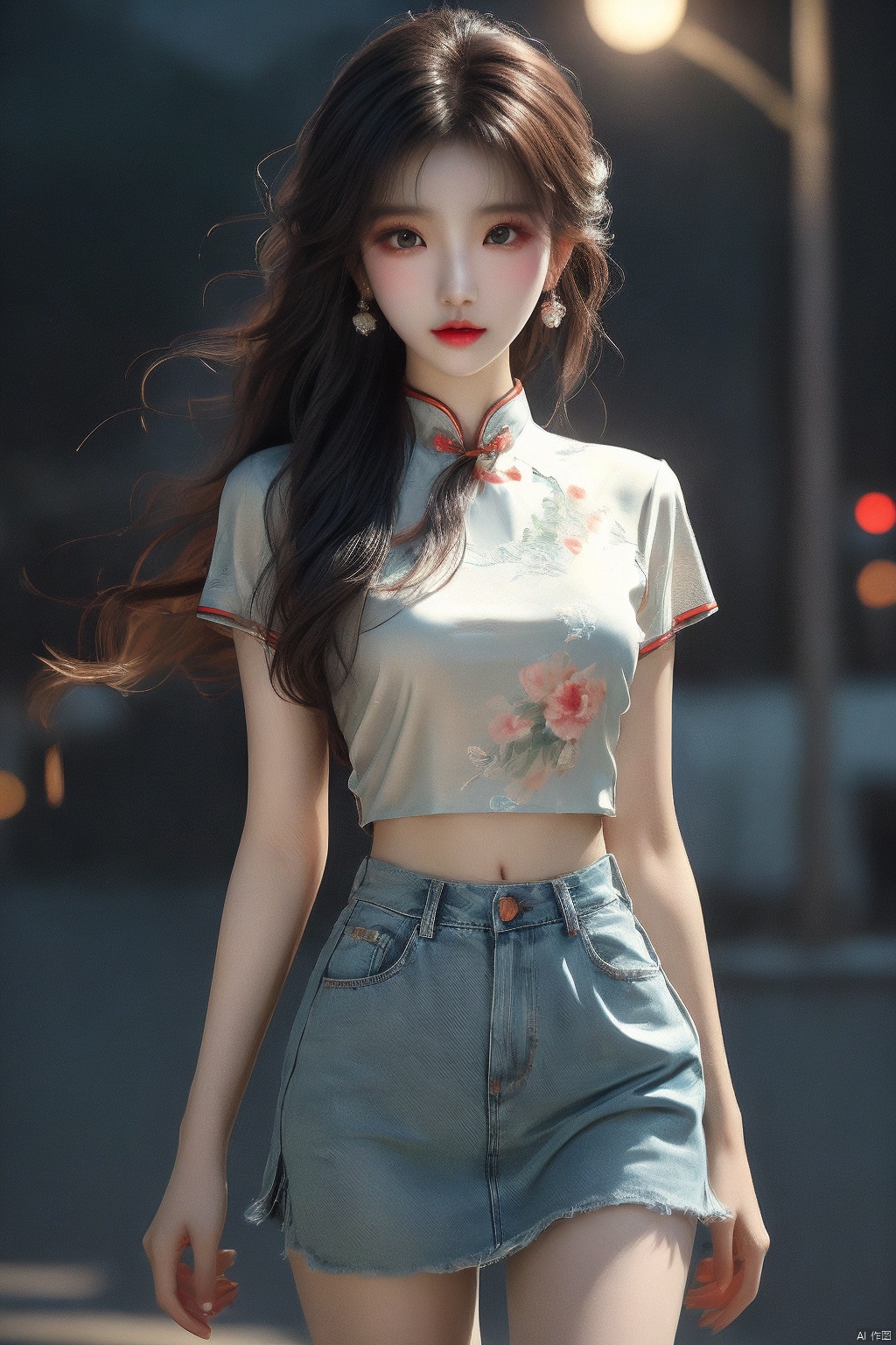 ((best quality, 8k, masterpiece: 1.3)), focus: 1.2, Wearing a emerald red cheongsam,8k ultra highdefinition,masterpiece级别的作品,RAW format photos,best picture quality,extreme details（1.2）：Realistic reproduction,8K resolution unifies extremely detailed CG,8K diamond level exquisiteness,Wallpaper-like visual impact,Has deep depth of field、Layered light and shadow effects、Lens flash、Ray tracing technology（Amazingly beautiful face、beautiful lips、beautiful eyes）,The facial details are extremely delicate（Skin texture is extremely delicate）——Depicting Korean female models,in the dark night,in deep shadow,Charming Korean girl,Just like a K-pop idol（Extremely slim and tight figure：1.3）,Shown from the audience’s perspective,Exquisite waistline,navel-baring outfit,（cropped waist T-shirt:1.5）,（low rise denim mini skirt:1.5）,Short clothing tailoring design,city night view,neon lights,Beautiful Korean girl in dark night atmosphere,Wear pearl stud earrings、lace pantyhose,eyes clear and bright,Walking posture,Has fair skin,Look directly at the front of the camera,Big eyes full of charm（Upper body close-up）,A while,Back close-up,The overall image is extremely slim、Slim and elegant,Exquisite facial features,She looks a lot like actor Kim Hee Sun, (/qingning/), jiqing, mtianmei