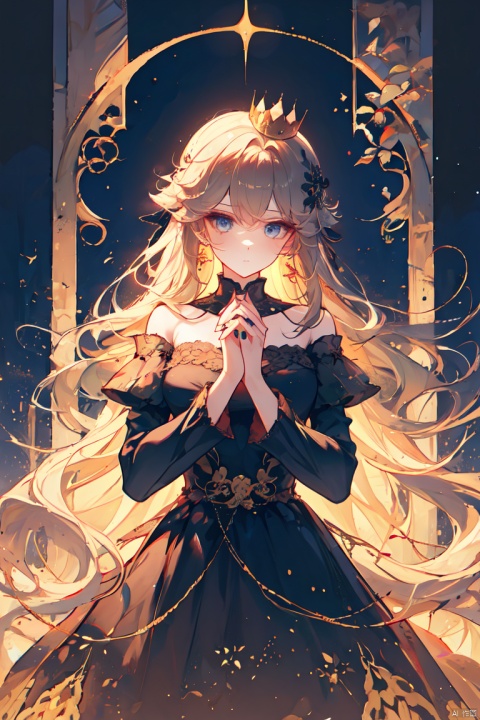  1girl, art_nouveau, bare_shoulders, black_dress, crown, dress, earrings, flower, framed, jewelry, long_hair, long_sleeves, looking_at_viewer, own_hands_clasped, own_hands_together, solo, (\shen ming shao nv\), (\MBTI\), maolilan, (\po lang\), ((poakl))