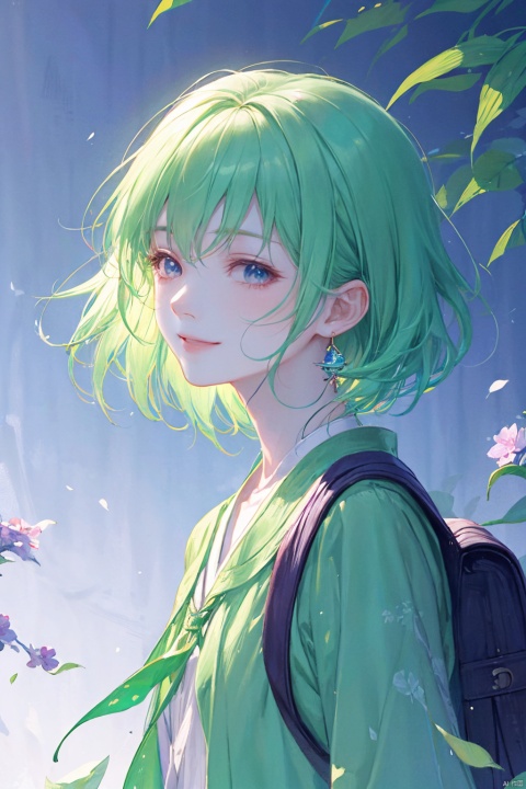 a woman in a green skirt, short hair, light green hair, earring, fluffy hair, black tie, smile, lovely fave, beautiful anime portrait, palace, carrying a schoolbag, digital anime illustration, beautiful anime style, a beautiful fantasy young girl, anime illustration, anime fantasy illustration, beautiful character painting, trending on artstration,（\personality\）, babata, (\yan yu\)