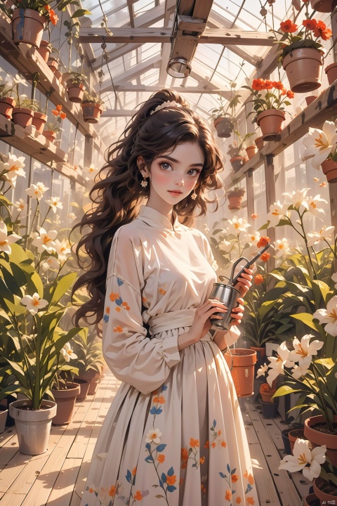  masterpiece, panorama,1 girl, solo_focus, long curly hair, double ponytail, smile, perfect body, delicate dress, long sleeves, hair ornament, with a watering can in her hands,the girl is watering the flowers, a delicate greenhouse, glass roof, wood floors, deep of field, wooden shelves covered with potted plants, colorful flowers,lily of the valley, rose, daisy, lily,lavender, spring, flowers, backlight, mLD, Glass flower room, nai3, (\ji jian\), (/qingning/), (\MBTI\), maolilan