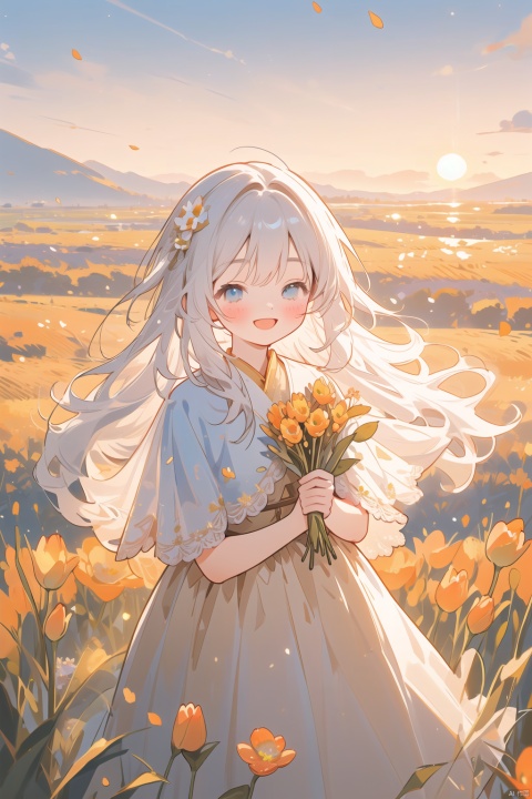  (drawn by Lynn Okamoto),center frame, sharp focus, (panorama, wide shot), best quality, masterpiece, extremely detailed, detailed background, (from above:1.2), 1girl, catgirl,solo,loli,blue eyes,white hair, closed one eye, smile, open mouth, skirt, long hair, wavy hair, on side, fluffy hair, , french , blush, smile, capelet, lace trim, bodice, sunset, long dress, dusk, scenery, gold sky, high place, horizon, wheat field, wheat ears, wind, wind blow, looking at viewer, (depth of field), bokeh, (holding a flower:1.3), (holding:1.2),(medium):0.5,
, (\meng ze\), jiqing, babata, (\MBTI\), (\ji jian\), (\shuang hua\), (\xing he\), (\fan hua\)