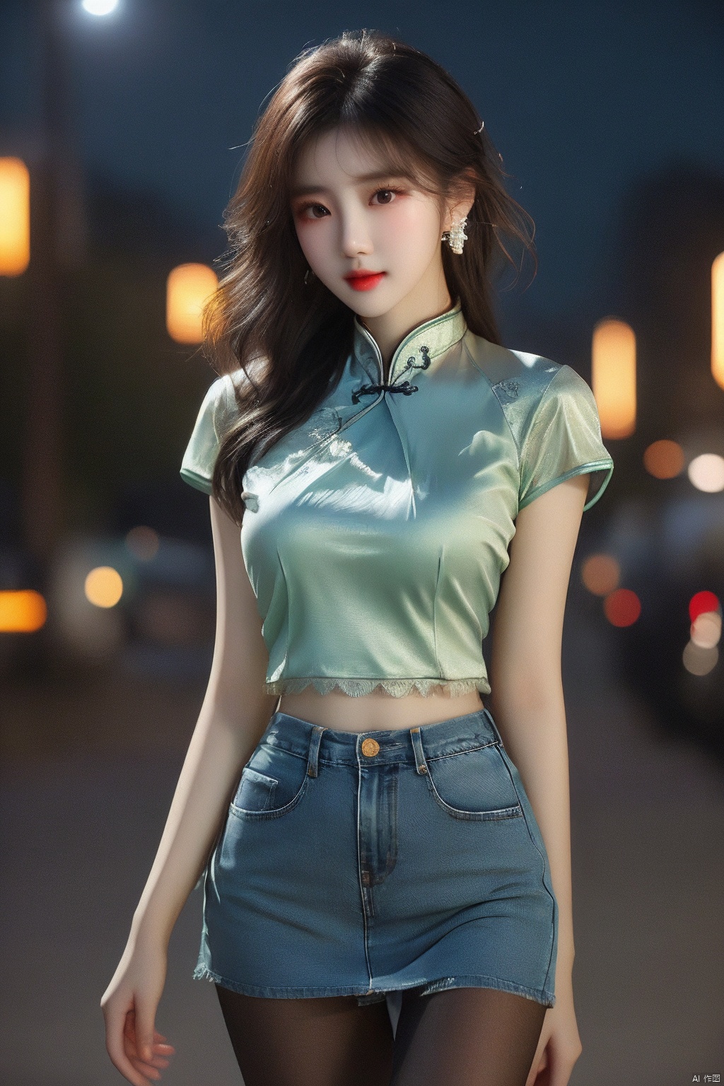 ((best quality, 8k, masterpiece: 1.3)), focus: 1.2, Wearing a emerald red cheongsam,8k ultra highdefinition,masterpiece级别的作品,RAW format photos,best picture quality,extreme details（1.2）：Realistic reproduction,8K resolution unifies extremely detailed CG,8K diamond level exquisiteness,Wallpaper-like visual impact,Has deep depth of field、Layered light and shadow effects、Lens flash、Ray tracing technology（Amazingly beautiful face、beautiful lips、beautiful eyes）,The facial details are extremely delicate（Skin texture is extremely delicate）——Depicting Korean female models,in the dark night,in deep shadow,Charming Korean girl,Just like a K-pop idol（Extremely slim and tight figure：1.3）,Shown from the audience’s perspective,Exquisite waistline,navel-baring outfit,（cropped waist T-shirt:1.5）,（low rise denim mini skirt:1.5）,Short clothing tailoring design,city night view,neon lights,Beautiful Korean girl in dark night atmosphere,Wear pearl stud earrings、lace pantyhose,eyes clear and bright,Walking posture,Has fair skin,Look directly at the front of the camera,Big eyes full of charm（Upper body close-up）,A while,Back close-up,The overall image is extremely slim、Slim and elegant,Exquisite facial features,She looks a lot like actor Kim Hee Sun, (/qingning/), jiqing, mtianmei