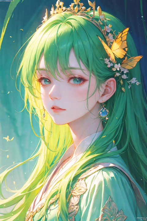 a woman in a green dress, long hair, light green hair, hair shawl, earring, fluffy hair, butterfly headdress, beautiful anime portrait, palace , digital anime illustration, beautiful anime style, a beautiful fantasy princess, anime illustration, anime fantasy illustration, beautiful character painting, trending on artstration,（\personality\）, (/qingning/), (\MBTI\)