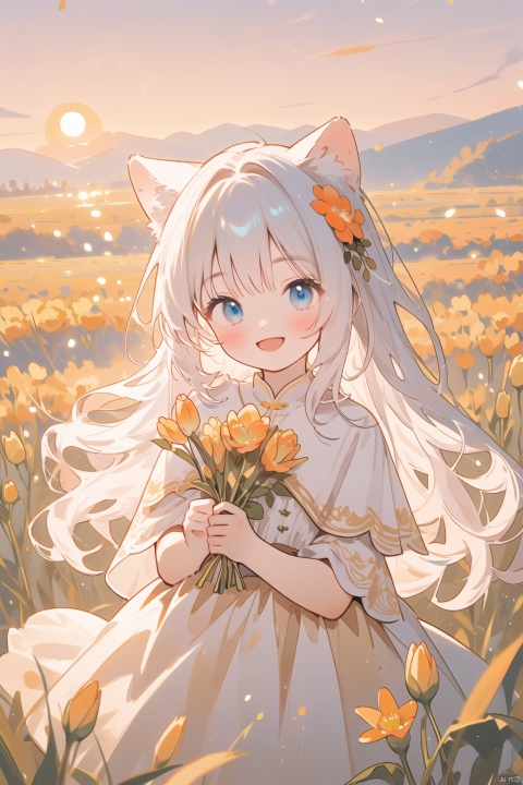  (drawn by Lynn Okamoto),center frame, sharp focus, (panorama, wide shot), best quality, masterpiece, extremely detailed, detailed background, (from above:1.2), 1girl, catgirl,solo,loli,blue eyes,white hair, closed one eye, smile, open mouth, skirt, long hair, wavy hair, on side, fluffy hair, , french , blush, smile, capelet, lace trim, bodice, sunset, long dress, dusk, scenery, gold sky, high place, horizon, wheat field, wheat ears, wind, wind blow, looking at viewer, (depth of field), bokeh, (holding a flower:1.3), (holding:1.2),(medium):0.5,
, (\meng ze\), jiqing, babata, (\MBTI\), (\ji jian\)