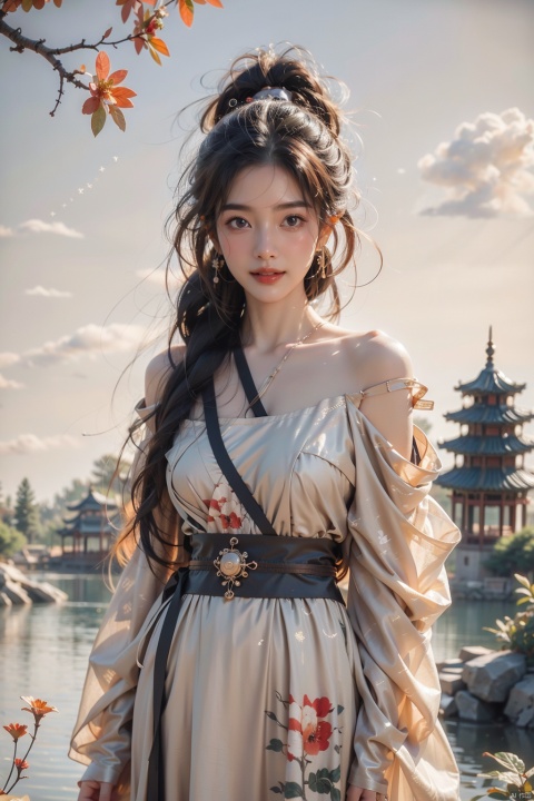  best quality, masterpiece,cowboy_shot,(Good structure),,a girl,xianjing,Off-the-shoulder, bust photo,upper body,Hanfu, Cloud, Smoke,branch,flower, smile,Gaze at the audience, Ink scattering_Chinese style, ((poakl)), ,looking_at_viewer,kind smile, , chinese dress,white dress, liuyifei,long_hair, jiqing, babata, qingyi, (\shen ming shao nv\), (\MBTI\), (\ji jian\)