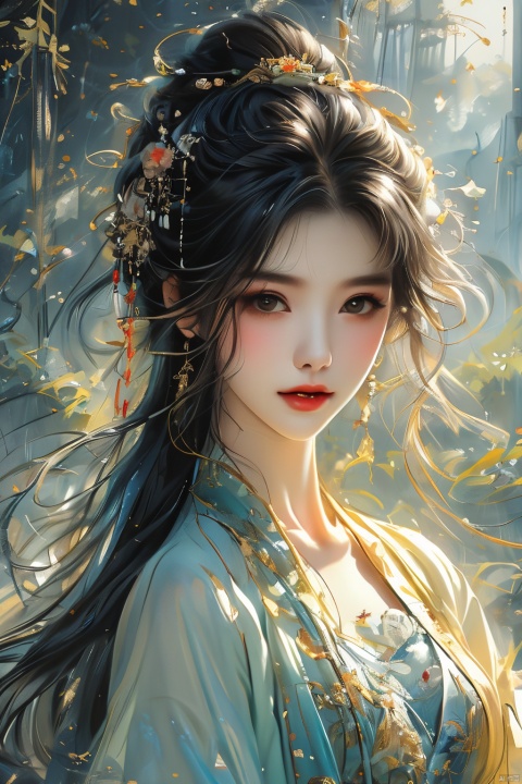 Subject:
At the center of the painting stands an elegant woman dressed in Qing Dynasty Han-style clothing. Her posture is graceful, her long hair lightly pinned up, adorned with delicate hair ornaments and jewels. Her face is delicate, her eyes filled with autumn waters, revealing a classical charm and profound emotions.

Environment:
The woman stands amidst a typical Qing Dynasty garden, surrounded by ancient pavilions, towers, and lush bamboo forests. In the distance, one can faintly see rolling mountains and misty clouds, creating a serene and profound atmosphere.

Style:
The overall style should embody a blend of classicism and elegance, highlighting the splendor and delicacy of Qing-era attire while capturing the freshness and natural beauty of the garden scenery. Colors should be primarily subdued, emphasizing the portrayal of details and texture.

Medium:
Utilize a medium with rich expressive capabilities like oil painting or watercolor to capture the intricate lighting changes and rich color layers.

Composition/Lighting Effects:
Compositionally, the rule of thirds or diagonal composition can be employed to highlight the subject and enhance the spatial feel of the painting. In terms of lighting effects, soft sidelight or backlight can be used to shape the woman's contours and the texture of her clothing, creating a dreamlike atmosphere.

Colors/Lights:
The lighting should primarily be warm-toned, fostering a cozy and serene ambiance. While maintaining an overall subdued palette, vibrant accent colors can be subtly incorporated to add vitality and dynamism to the scene.

Quality:
The image quality should reach a high resolution with fine detail, ensuring that every aspect is presented perfectly. Attention should be paid to the harmony and unity of the overall color scheme, making the painting visually impactful and artistically captivating., guoflinke, myinv, (/qingning/), babata