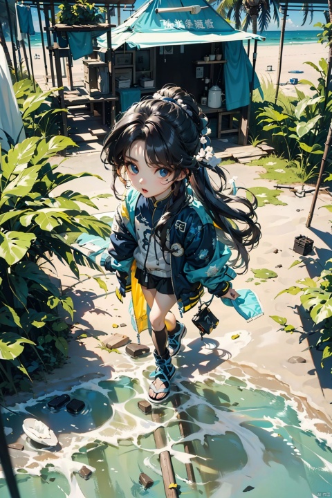  loli,chibi, nai3, long hair, solo,black hair, naked legs, jacket,, looking at viewer, outdoors,open jacket, blue jacket, sky,coconut trees,day, open jacket, parted lips, seaside,camping,bonfire,from above, (/qingning/), (\MBTI\), (\ji jian\)