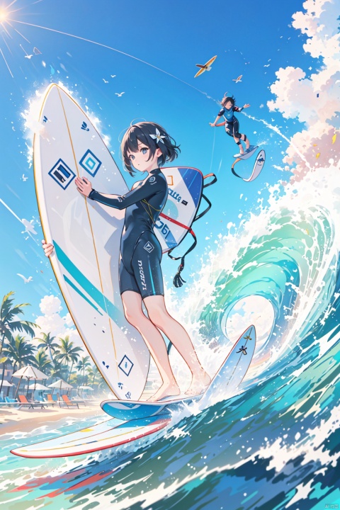  masterpiece, best quality, official art, extremely detailed CG unity 8k wallpaper, day, sun, girl, solo, competition swimsuit, ocean, (surf riding, surfing, realism:1.2), (\po lang\), (\lang lang\), (\MBTI\), myinv, ((poakl))