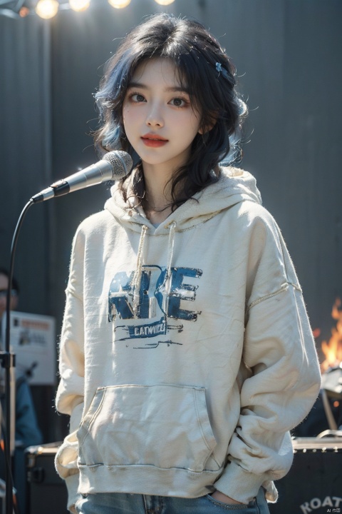  Masterpiece,highest quality,realistic,very fine and fine details,high resolution,8K,
hubg\(haixiaoqiong)\, 1girl, smile,blue hair,hair flower, 
(rock music, microphone, Hoodies, bonfires, stage, lights:1.3), HUBG_Film_Texture, HUBG_Rococo_Style(loanword), (/qingning/), (\MBTI\), babata
