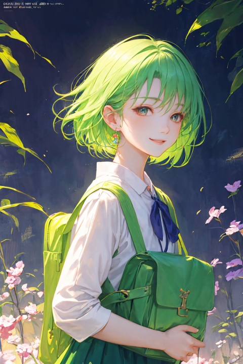 a woman in a green skirt, short hair, light green hair, earring, fluffy hair, black tie, smile, lovely fave, beautiful anime portrait, palace, carrying a schoolbag, digital anime illustration, beautiful anime style, a beautiful fantasy young girl, anime illustration, anime fantasy illustration, beautiful character painting, trending on artstration,（\personality\）, (/qingning/), (\MBTI\)
