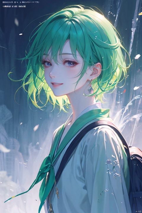 a woman in a green skirt, short hair, light green hair, earring, fluffy hair, black tie, smile, lovely fave, beautiful anime portrait, palace, carrying a schoolbag, digital anime illustration, beautiful anime style, a beautiful fantasy young girl, anime illustration, anime fantasy illustration, beautiful character painting, trending on artstration,（\personality\）, babata, (\yan yu\)