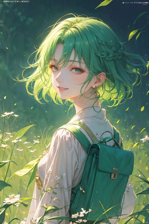 a woman in a green skirt, short hair, light green hair, earring, fluffy hair, black tie, smile, lovely fave, beautiful anime portrait, palace, carrying a schoolbag, digital anime illustration, beautiful anime style, a beautiful fantasy young girl, anime illustration, anime fantasy illustration, beautiful character painting, trending on artstration,（\personality\）, (/qingning/)