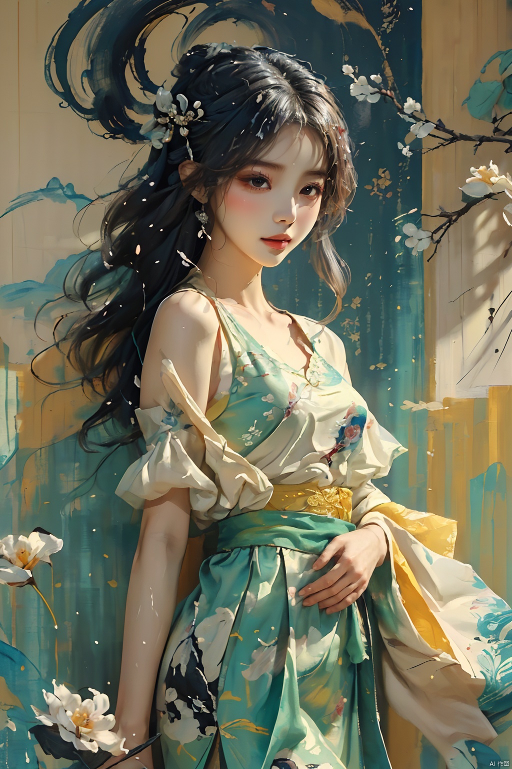  (an extremely delicate and beautiful),(((masterpiece))),((best quality)),1girl,((an extremely delicate and beautiful girl)),female focus on,((gorgeous hair_ornament)),{{beijing opera}},((ink splashing)),((chinese painting)),(((illustration))),((color splashing)),beautiful detail, (/qingning/), mtianmei, babata, ((poakl))