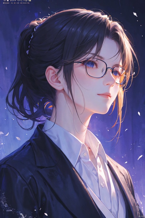 solo, a woman in business attire, career women, business wear, black tie, black blue suit, with neat hair, short black hair, with hair tied, square glasses, blue rimmed glasses, a confident smile, serious expression, mature face, women who are elegant and a little bit indifferent, successful person, anime portrait, palace, digital anime illustration, beautiful anime style, fantasy female chairman, anime illustration, anime fantasy illustration, character painting, trending on artstration,（\personality\）, (/qingning/), (\MBTI\)