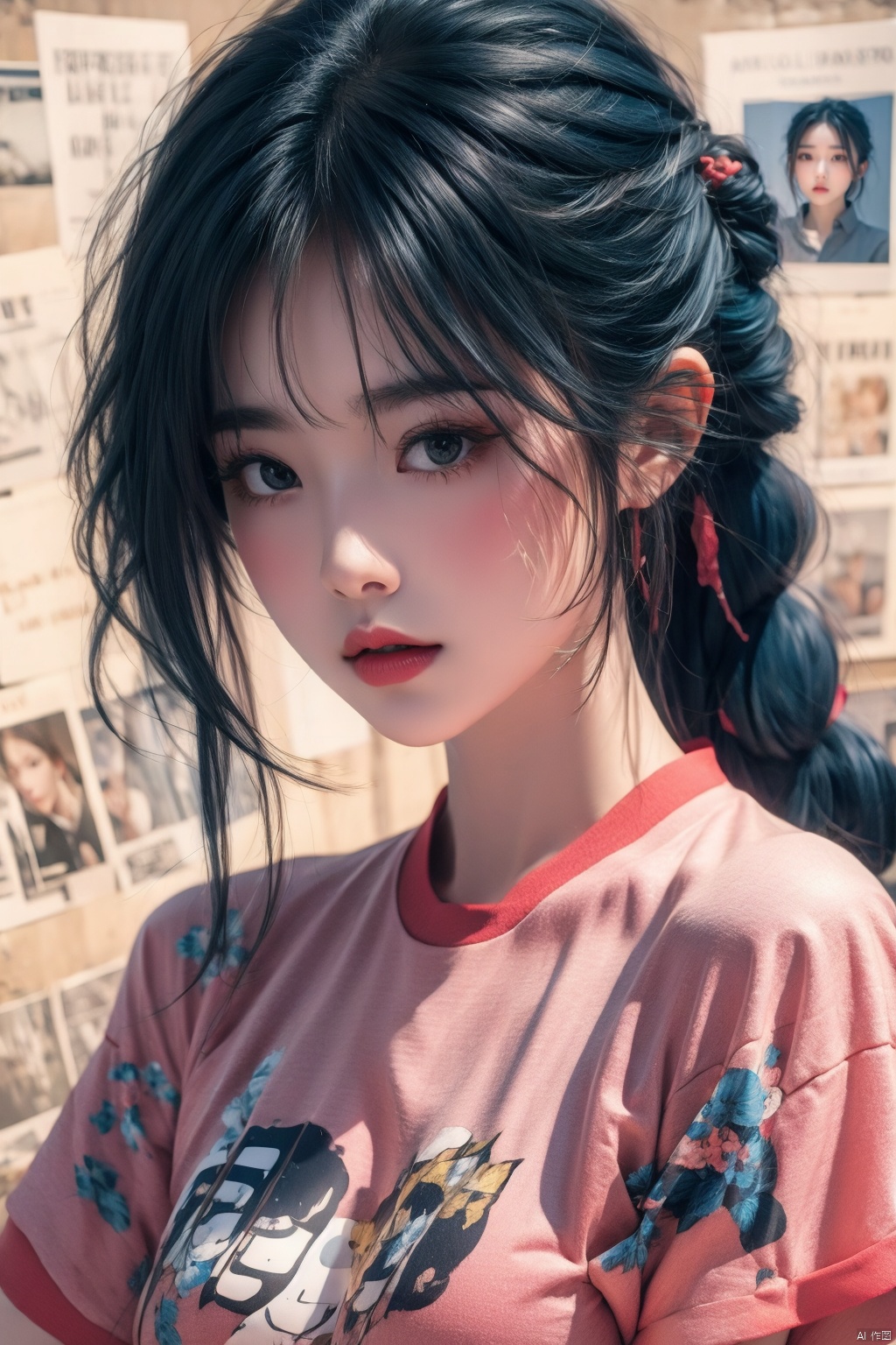  1 girl, slanted bangs, big bangs, thick bangs, bangs covering the eyes, ponytails, thick braids, blue hair, pink hair sports t-shirt, delicate face, clear eyes, blush, freckles,Newspaper background, (/qingning/), babata, mtianmei