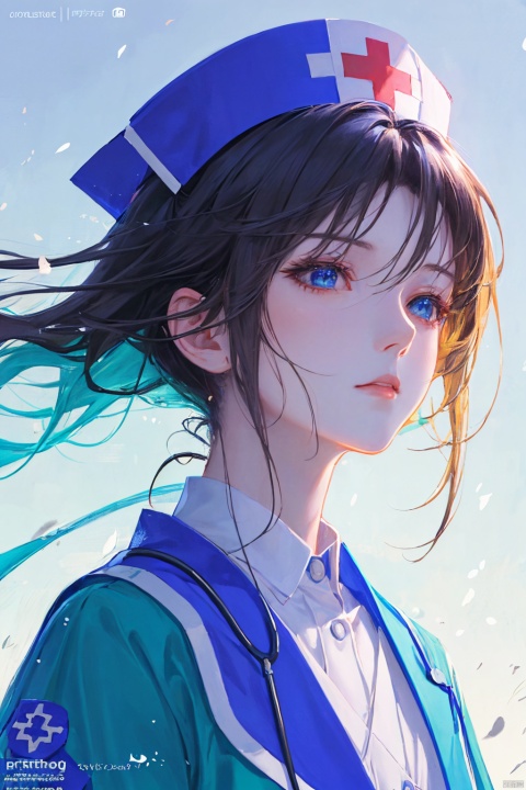 a woman in a nurse uniform, blue green nurse suit, short black hair, innocent expression, blue nurse hat, beautiful anime portrait, digital anime illustration, beautiful anime style, fantasy medical worker, anime illustration, anime fantasy illustration, beautiful character painting, trending on artstration,（\personality\）, (/qingning/), (\MBTI\)