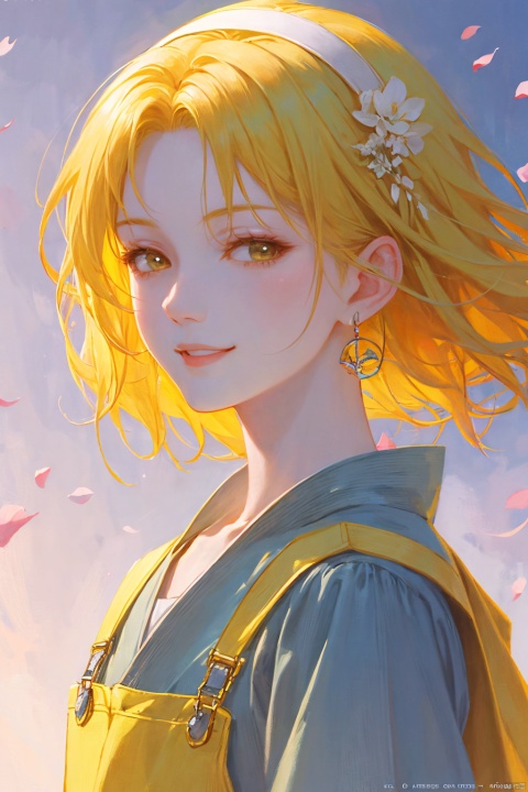 a woman in a yellow overalls, short yellow hair, wearing a hairband, yellow hairband, earring, fluffy hair, smile, lips slightly open, beautiful anime portrait, digital anime illustration, beautiful anime style, a beautiful fantasy painter, anime illustration, anime fantasy illustration, beautiful character painting, trending on artstration,（\personality\）